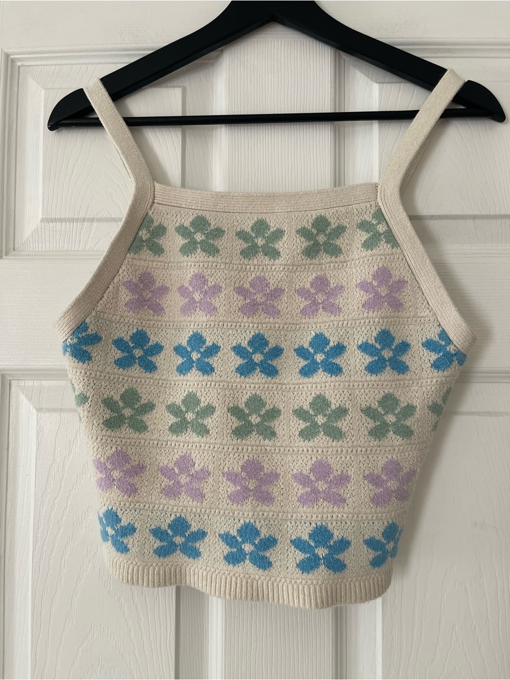 American Eagle Cream Floral Knit Tank Top XL cotton blend boho